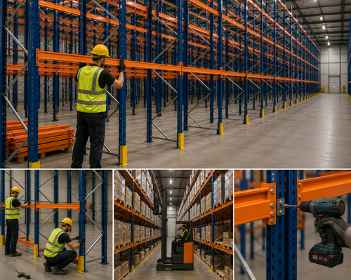 Montage de racks industriels dans un entrepôt
