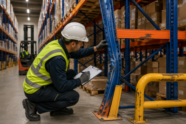 inspection de l'étagère endommagée en entrepôt